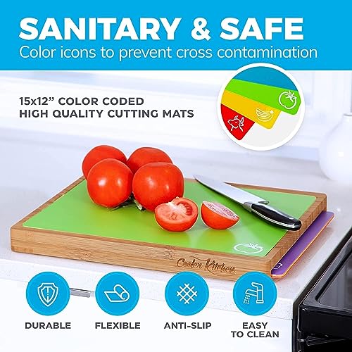 Cutting Board Set - Easy-to-Clean Bamboo Wood Board with 6 Color-Coded Flexible Cutting Mats with Food Icons - Chopping Board Set, Cutting Boards For Kitchen, Wood Cutting Boards For Kitchen