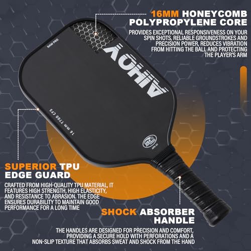 Aihoye PRO Pickleball Paddles- Raw T700 Carbon Fiber Textured Surface (CFS) with High Grit & Spin, Pickleball Paddles with 16MM Polypropylene Honeycomb Core, USAPA Approved