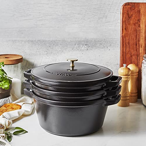 STAUB Cast Iron Set 4-pc, Stackable Space-Saving Cookware Set, Dutch Oven, Skillet, Grill Pan & Ceramic Baking Dish Set, 3pc, Cherry