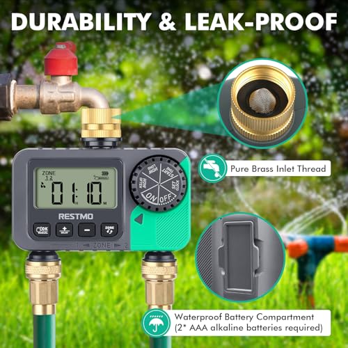 RESTMO Sprinkler Timer with Brass Inlet & Outlet, 2 Zone Programmable Water Timer for Garden Hose, 3 Separate Programs Hose Timer, Manual/Rain Delay/Automatic Watering for Drip Irrigation and Lawn