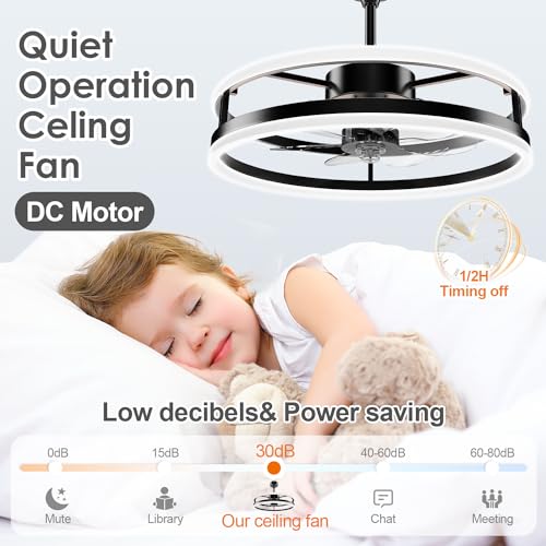 STROLITE Fandelier Ceiling Fans with Lights and Remote, 19.7inch Modern Bedroom Ceiling Fan(6 Speed&Timing), 3000K-6000K Dimmable LED Light, Smart Ceiling Fan with Light for Kitchen (Black)