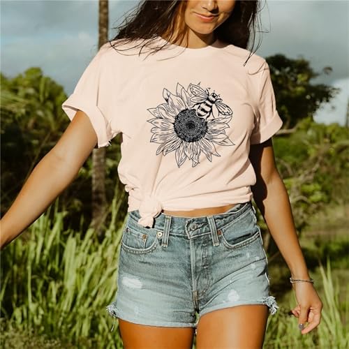 GLIGLITTR Women's Summer Sunflower T Shirt Cute Flower Graphic Loose Tees Crew Neck Short Sleeve Casual Tops(Rose Red,Medium)