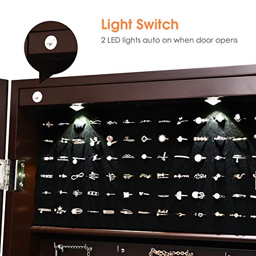 Giantex Jewelry Armoire Wall Door Mounted, Lockable Jewelry Cabinet with 42.5'' Full Length Mirror, 2 LEDs Jewelry Organizer Box with 2 Drawers, Mirror with Jewelry Storage (Espresso)