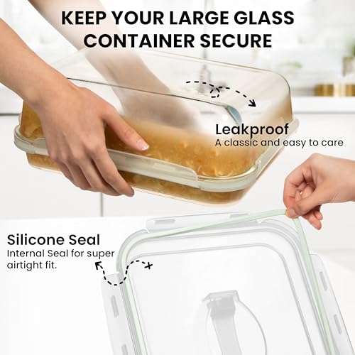 4800 ML / 163 oz / 21 Cup LARGE Glass Food Storage Container with Airtight Locking Lid. Ideal Storing food, Vegetables, Fruits. Baking Casserole, Lasagna, Roasting Turkey, Chicken BPA Free Oven Safe