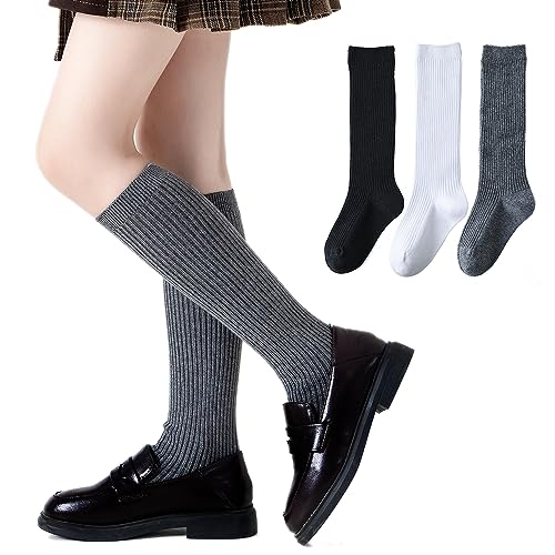 EPEIUS Toddler Girls Knee High Socks Seamless Cotton School Uniform Socks Ribbed Knee Highs Kids Boy White Long Socks 3-5 Years Assorted 5 Pack S