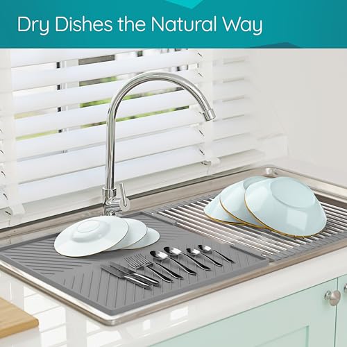 HIGHERHUMAN Silicone Dish Drying Mat and Dish Drain Rack System All in One Counter and Sink Rack (Medium Grey)