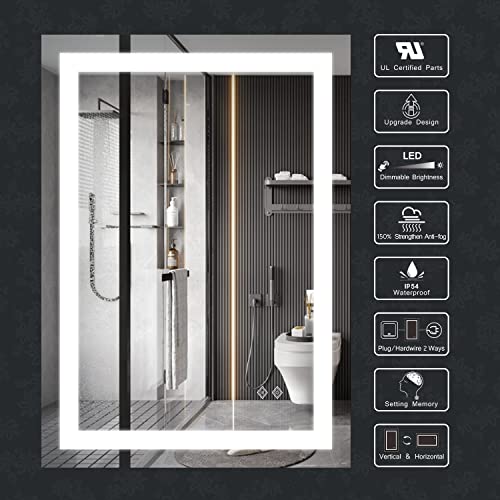 VanPokins LED Mirror, 55x36 Inch Gradient Front and Backlit Lighted Bathroom Mirror, 3 Colors Dimmable CRI>90 Double Lights, IP54 Enhanced Anti-Fog, Hanging Plates Wall Mount Bathroom Mirror