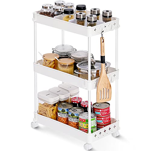 KINGRACK 3-Tier Rolling Utility Storage Cart with Adjustable Dividers,Multi-Purpose Storage Craft Art Cart Trolley Organizer,Slide Out Cart for Bedroom Bathroom Kid's Room Laundry Room,Pink
