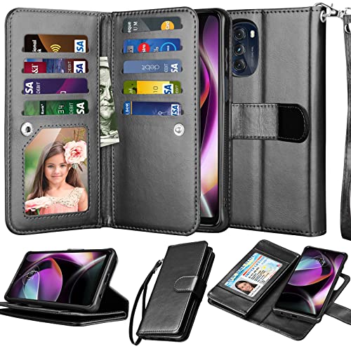 NJJEX Wallet Case for Motorola Moto G 5G 2022, Black [9 Card Slots, PU Leather, Detachable Kickstand, Magnetic Phone Cover, Lanyard]