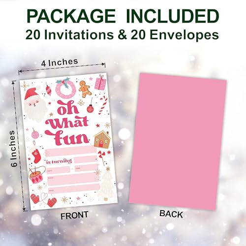 Oh What Fun! Christmas Birthday Party Invitation Cards - Pink Elements - 20 Invitations & Envelopes, Birthday Party Invites For Girls, 1St Birthday, Festive Season Party Favor & Decorations - A03