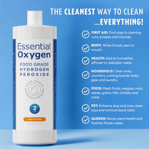 Essential Oxygen Food Grade Hydrogen Peroxide 3%, Natural Cleaner, Refill, 32 Fl Oz