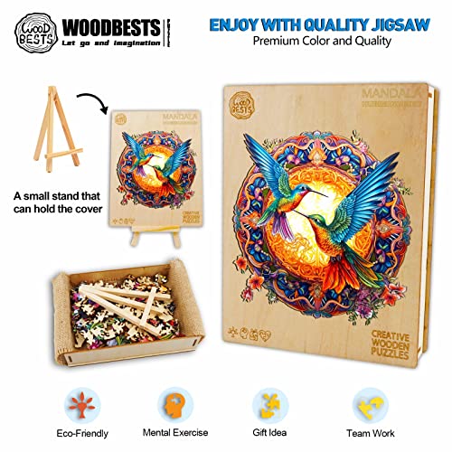 WOODBESTS Wooden Jigsaw Puzzle for Adults, Mandala Hummingbird Puzzle (S, 100pcs, 7.9"x7.9") Beautiful Wooden Box, Puzzle Wood Unique Shape, Birthday Gifts for Adults and Kids Family Game