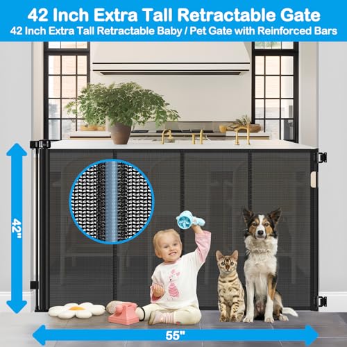 Reinforced 42 Inch Extra Tall Retractable Dog Gate with Reinforced Strips Retractable Baby Gates Extra Tall Dog Gate Outdoor Retractable Gate Extra Tall Pet Gate Tall Retractable Gates for Dogs Indoor
