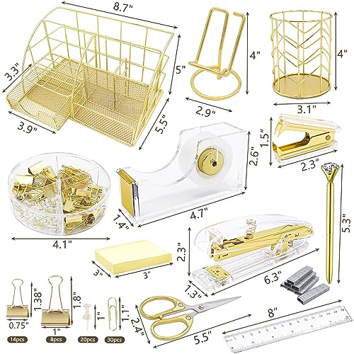 YOLOZAI 17PCS Office Supplies and Accessories Set Desk Accessories, Notebook, Acrylic Stapler, Staple Remover, Tape Dispenser, Clips, ID Roller, Scissor, Utility Knife, Phone Holder, Pen, Pen Holder