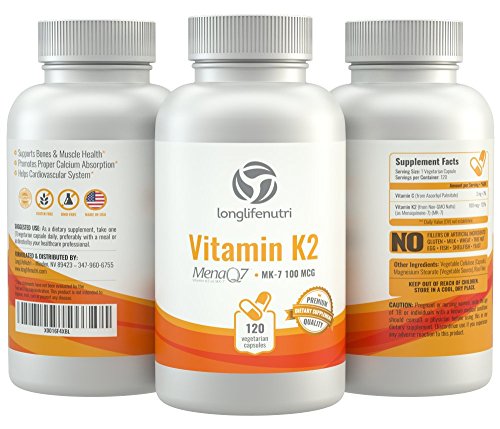 LongLifeNutri Vitamin K2 MK-7 100mcg – 120 Vegetarian Capsules for Bone and Heart Health, 4-Month Supply, Alcohol-Free, Lab Tested, Made in USA, Non GMO