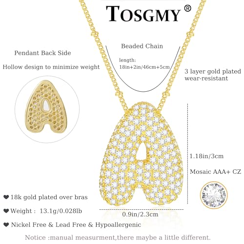 TOSGMY Bubble Letter Necklace Gold 18k Gold Plated Diamond Balloon Initial Pendant Beaded Necklace Dainty Gold Initial Necklaces for Women Personalized Monogram Zircon Jewelry Gift for Women