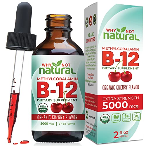 Why Not Natural Organic Vitamin B12 Liquid - Sublingual Extra Strength 60 x 5000 mcg Methylcobalamin Drops, Vegan, Maximize Absorption and Energy