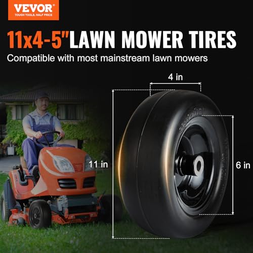 VEVOR Lawn Mower Tires with Rim, 11x4-5" Tubeless Tractor Tires, 2-Pack Tire and Wheel Assemby, Flat-free PU Tire, 3.4" Centered Hub, 3/4" Bushing Size, 20 PCS Adapters for Riding Mowers Lawn Tractors