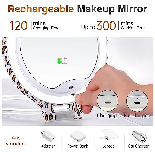 Famihomii Travel Makeup Mirror with 3 Color Lights and 10X Magnification, Rechargeable Travel Mirror Double Sided, Lighted Led Vanity Desk Magnifying Mirror with Adjustable Rotation, Leopard Print