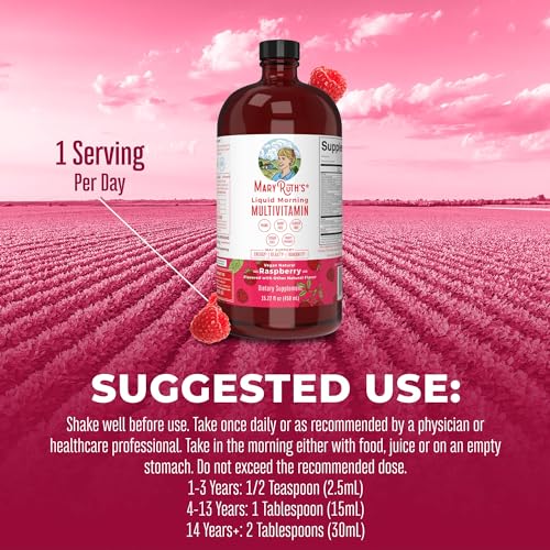 MaryRuth's Multivitamin for Women | Men & Kids | Vegan Liquid Vitamins & Minerals | Adults & Kids Multivitamins | Beauty & Energy Booster | Raspberry | No Added Sugar | 15.22 Fl Oz