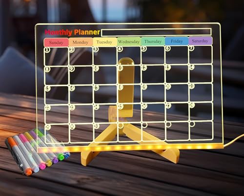 ifreeside Acrylic Dry Erase Board Calendar with Light 11.8 x 7.9inch Acrylic Led Dry Erase Board Dry Erase Calendar Clear Board with Colorful Lights Monthly & Weekly Planner（Monthly Planner）