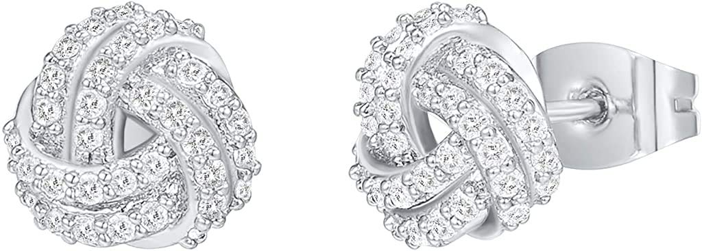 PAVOI Sterling Silver Cubic Zirconia Love Knot Stud Earrings, Plated in 14K White Gold