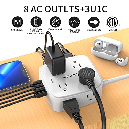 6 Ft Surge Protector Power Strip - 8 Widely Outlets with 4 USB Ports, 3 Side Outlet Extender with 6 Feet Extension Cord, Flat Plug, Wall Mount, Desk USB Charging Station, ETL,Black