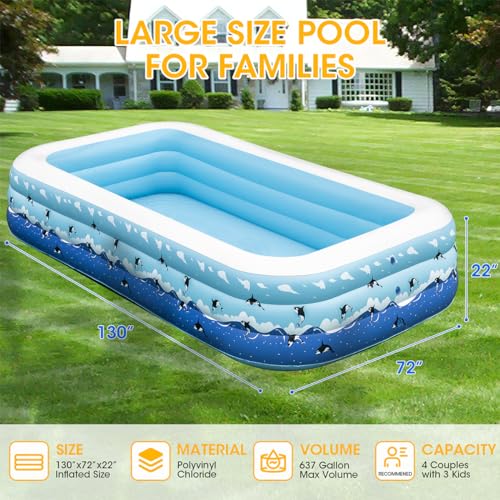 Extra Large Inflatable Pool with Pump for Adults, 130” x 72” x22” Full Size Family Blow Up Pool, Swimming Pools Above Ground for Backyard Home Garden Lawn Indoor Outdoor