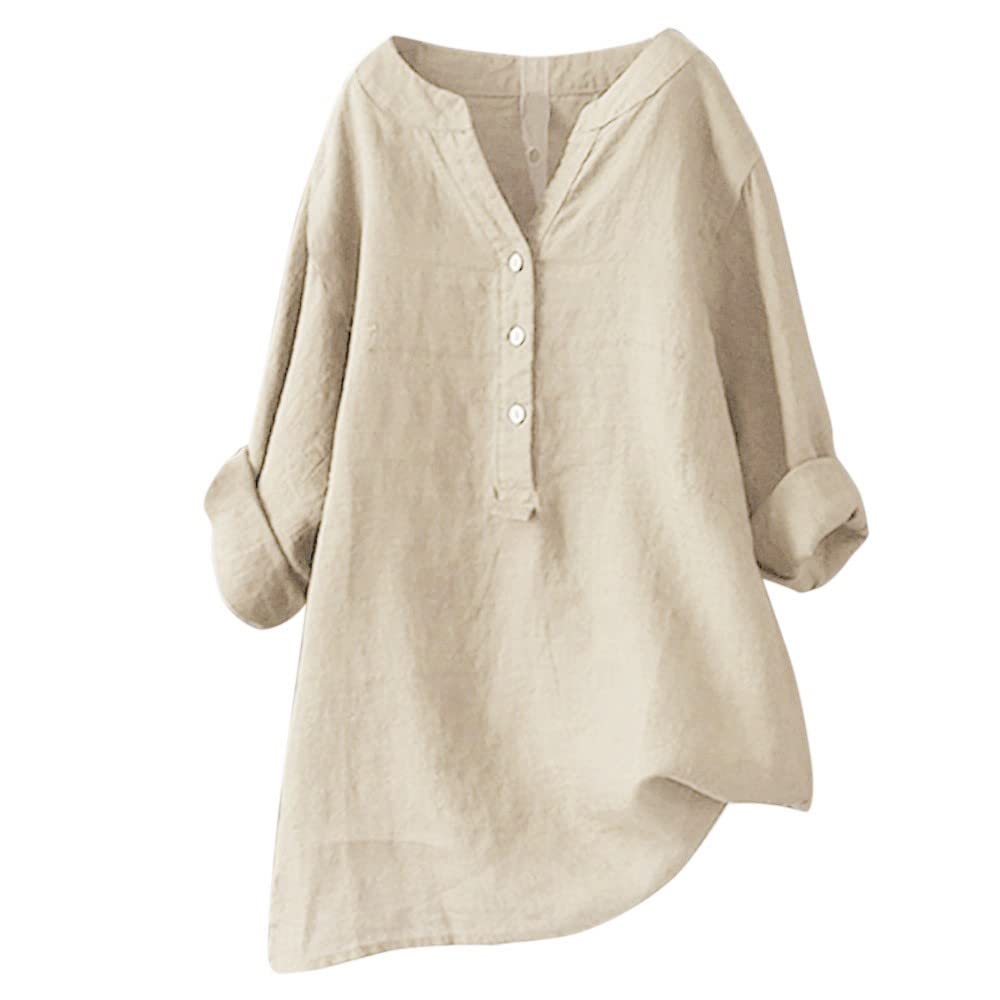 2024 lightning deals of today my orders Cotton Linen Shirts for Women 2024 Buttons V Neck Long Sleeve Tops Trendy Dressy Blouses Casual Loose Comfy Tunic Clothes spring tops Beige XL