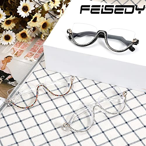 FEISEDY Women Blue Light Blocking Glasses Fashion Half Frame Cat Eye Glasses Inlaid Diamond Anti Eyestrain B2995