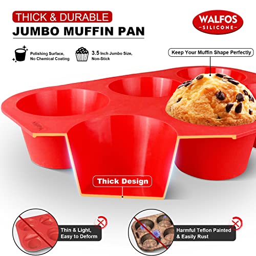 Walfos Silicone Texas Muffin Pan - 6 Cup Jumbo Silicone Cupcake Pan, Non-Stick Silicone, Just PoP Out! Perfect for Egg Muffin, Big Cupcake - BPA Free and Dishwasher Safe