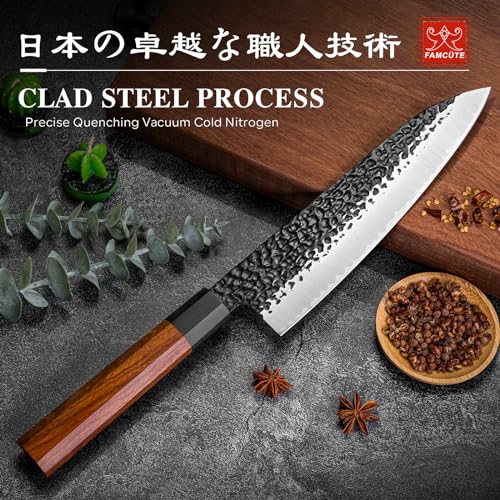 FAMCÜTE 8 inch Japanese Knife, Hand Forged High Carbon Steel 3 Layers 9CR18MOV Wood Handle Professional Kitchen Knife - Ultra Sharp and Strong Japanese Chef Knife - Perfect Gift for Men and Women.