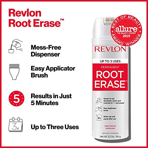 Revlon Permanent Hair Color, Permanent Hair Dye, At-Home Root Erase with Applicator Brush for Multiple Use, 100% Gray Coverage, Black (3), 3.2 Fl Oz