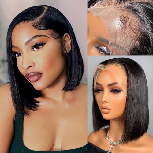 Btomar Straight Lace Front Wigs Human Hair HD Transparent Lace Front Human Hair Wigs for Women Frontal Wigs Human Hair Pre Plucked with Baby Hair Natural Color (6 Inch)