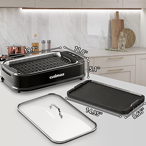 CUSIMAX Indoor Grill, Electric Smokeless Grill, 1500W Korean BBQ Grill, Electric Grill Griddle with LED Smart Display & Tempered Glass Lid, Non-stick Removable Grill Plate & Griddle Plate, Black