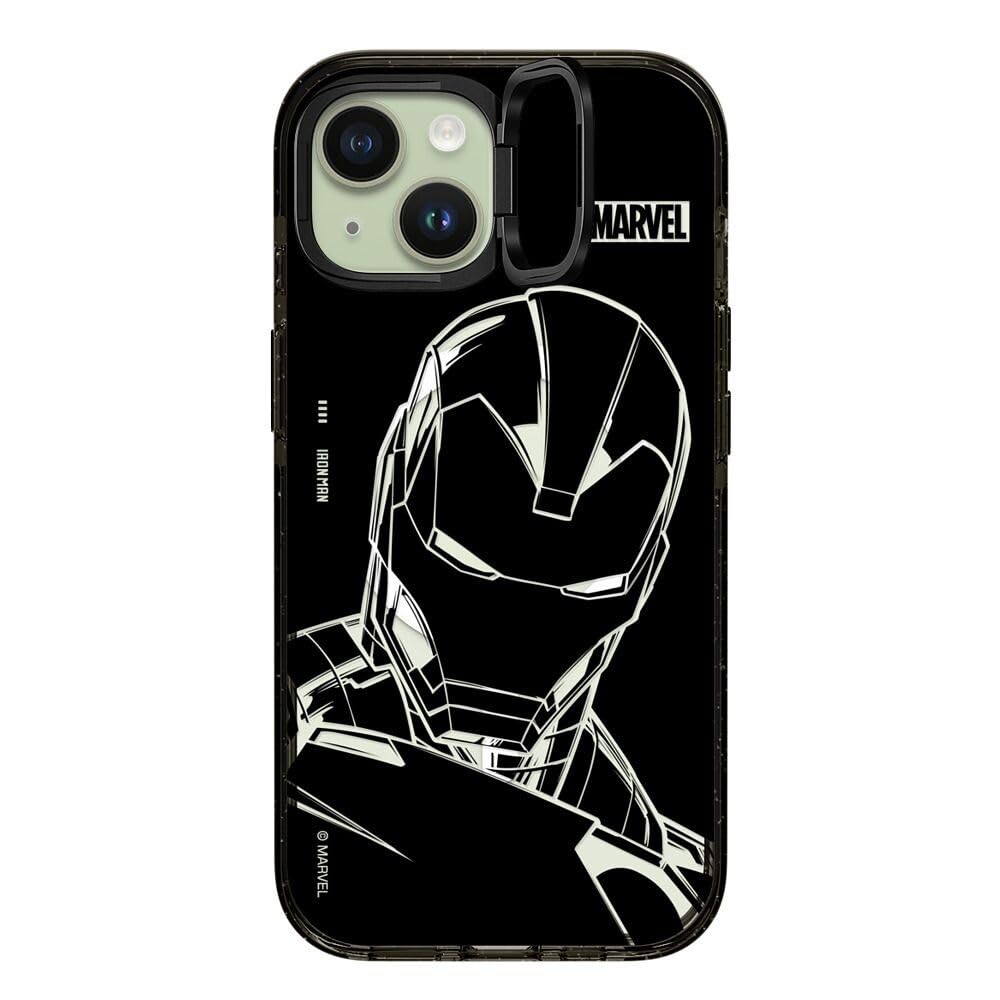 CASETiFY Impact Ring Stand iPhone 15 Case [Iron Man Co-Lab / 3X Military Grade Drop Tested / 6.6ft Drop Protection/Compatible with Magsafe] - Iron Man - Black - Clear Black