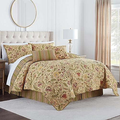 Waverly Imperial Dress Jacobean Floral Soft All Season Reversible 4-Piece Quilt Bedspread Set, King, Porcelain