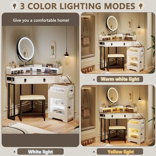 FREDEES Corner Vanity with Mirror and Lights,Modern Makeup Vanity Set with Charging Station for Bedroom/Cloakroom,Glass Top Vanity Table with Drawers and Shelves,White