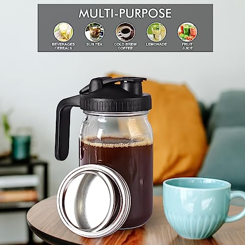 NFFTYUUT Cold Brew Mason Jar iced Coffee Maker, Durable Glass, 32 oz -1 Quart, With Handle& Stainless Steel Filter for Iced Brew Coffee, Lemonade, Ice Tea, Homemade Fruit Drinks Container