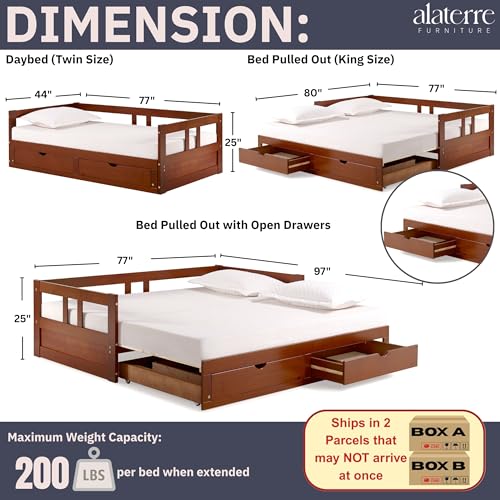 Alaterre Furniture Melody Extendable Daybed Frame with Trundle and Storage Drawers, Brazilian Pine Wood King-Size Bed for Kids Bedroom Furniture, 200 Pound Capacity, Multiple Finish Options