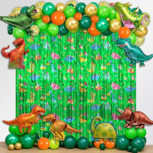 Avezano 104PCS Dinosaur Party Decorations, Dinosaur Themed Foil Fringe Curtains Party Set Backdrop for Boys Photo Booth Props, Dino Party Decor Supplies (Dinosaur)