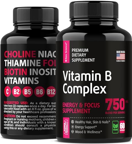 Vitamin B Complex Capsules - B Vitamins: B1 B2 B3 B5 B6 B7 B9 B12, Biotin, Folic Acid, Vitamin C for Energy & Immune Support Supplement, Super B-Complex for Women & Men's Nervous System, 60 Capsules