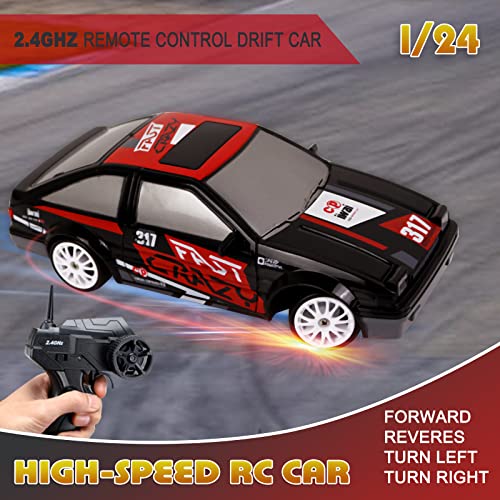 RC Drift Car Remote Control Car 2.4GHz 1:24 Scale 4WD 15KM/H High Speed Model Vehicle LED Lights Drifting Tire Racing Sport Toy Car for Adult Boys Girls Kids Gift 2Pcs Rechargeable Batterie