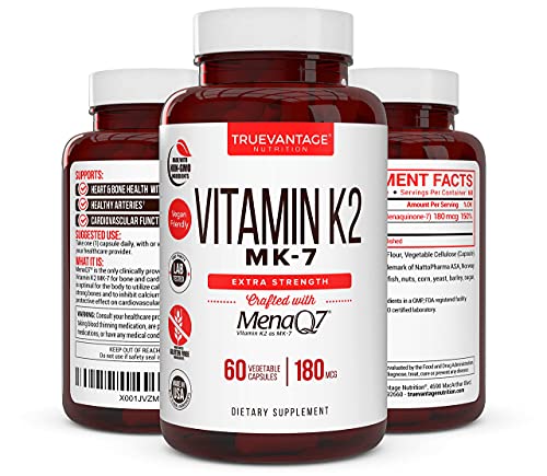 Vitamin k2 MK-7 Supplement 180mcg -Vitamin K2 Supports Bone & Heart Health for Cardiovascular Calcium Absorption from Arteries- 60 Easy to Swallow Vegetable caps of MenaQ7 K2 MK7