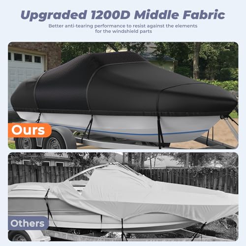 RVMasking Middle 1200D Reinforced Boat Cover with Storage Bag Trailerable Marine Grade Waterproof Boat Cover Fits Bass Boat, V-Hull, Runabout, Length: 14'-16', Beam Width up to 90", Black