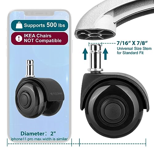 TICONN Office Chair Caster Wheels 2" Dual Wheels Set of 5 for Tile and Hardwood Floors, Universal Fit for Most Chairs (Black)