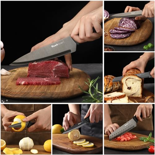 Wanbasion Black Professional Kitchen Knife Chef Set, Stainless Steel, Dishwasher Safe with Sheathes