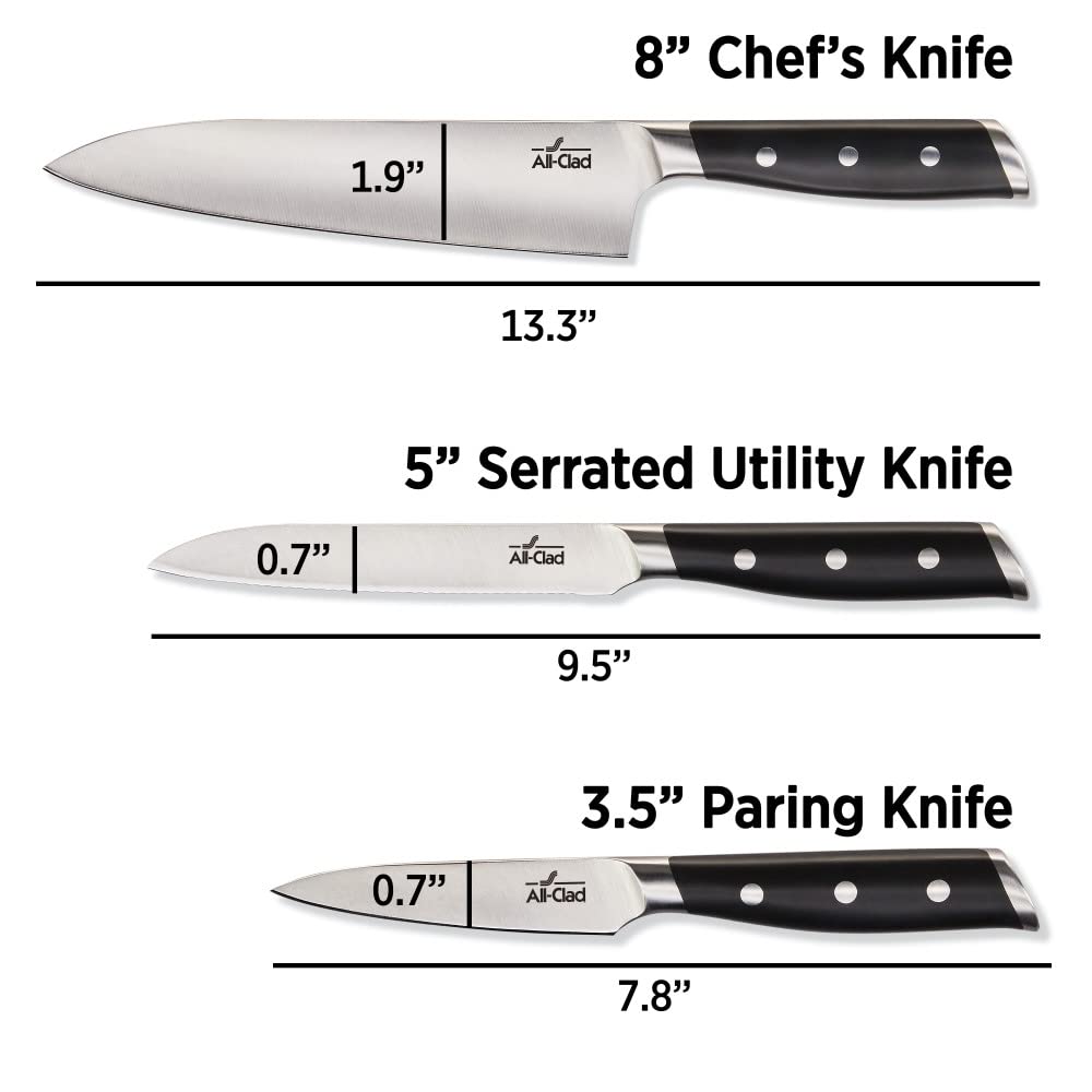 All-Clad Forged German Stainless Steel Chefs Knife, Utility Knife, Paring Knife, 3 Piece, Fully Forged, Expert Precision, Home Kitchen Knife Set, Cookware Knife Block Set, Kitchen Knives, Ultra Sharp