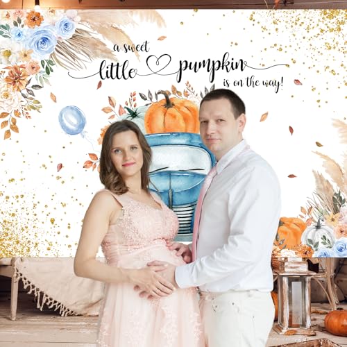 Avezano Blue Pumpkin Baby Shower Backdrop for Boy Boho Fall Baby Shower Decorations Little Pumpkin Truck Banner Thanksgiving Autumn Newborn Baby Shower Party Background(7x5ft)