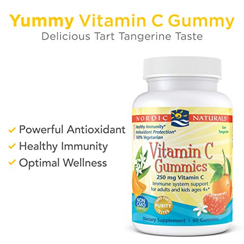 Nordic Naturals Vitamin C Gummies, Tart Tangerine - 60 Gummies - 250 mg Vitamin C - Immune Support, Antioxidant Protection, Child Growth & Development - Non-GMO, Vegan - 30 Servings